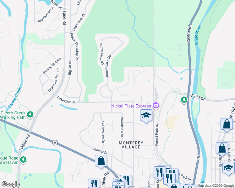 map of restaurants, bars, coffee shops, grocery stores, and more near 8169 Long Walk Court in Noblesville