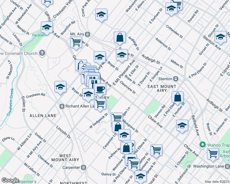 map of restaurants, bars, coffee shops, grocery stores, and more near 7028 Chew Avenue in Philadelphia