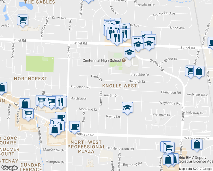 map of restaurants, bars, coffee shops, grocery stores, and more near 1558 Francisco Road in Columbus