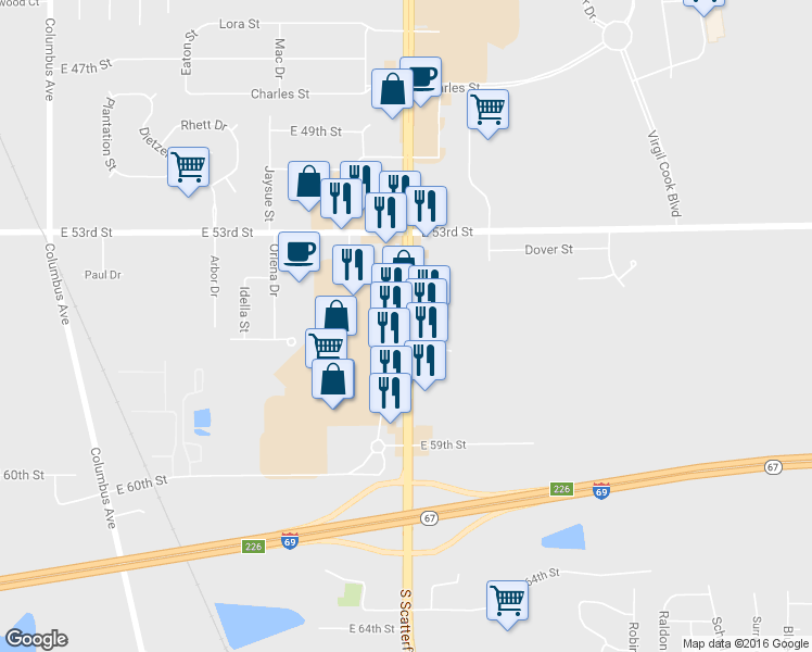 map of restaurants, bars, coffee shops, grocery stores, and more near 5607 South Scatterfield Road in Anderson