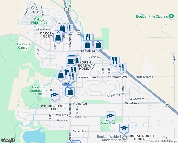 map of restaurants, bars, coffee shops, grocery stores, and more near 1494 Yaupon Avenue in Boulder