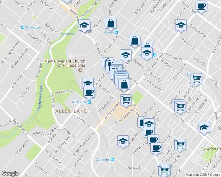 map of restaurants, bars, coffee shops, grocery stores, and more near 38 West Mount Airy Avenue in Philadelphia