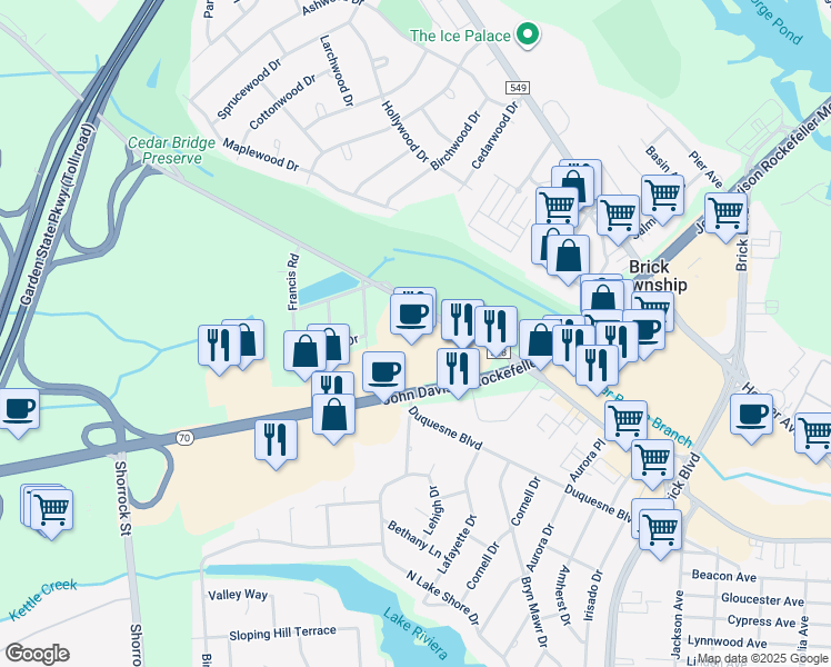 map of restaurants, bars, coffee shops, grocery stores, and more near 570 New Jersey 70 in Brick