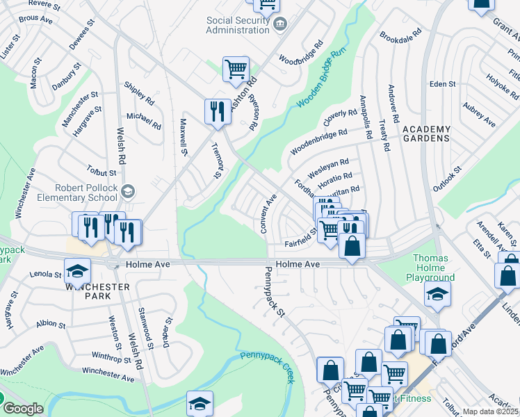 map of restaurants, bars, coffee shops, grocery stores, and more near 9056 Convent Avenue in Philadelphia