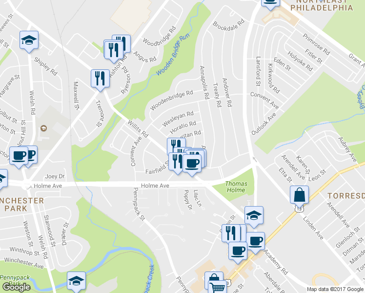 map of restaurants, bars, coffee shops, grocery stores, and more near 3135 Fordham Road in Philadelphia