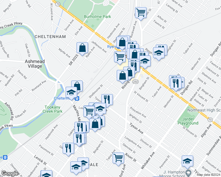 map of restaurants, bars, coffee shops, grocery stores, and more near 405 Princeton Avenue in Philadelphia