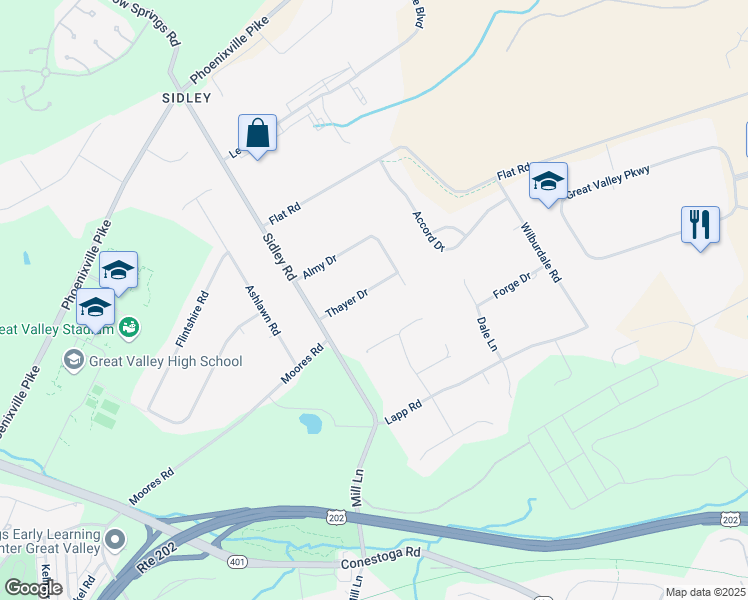map of restaurants, bars, coffee shops, grocery stores, and more near 10 Thayer Drive in Malvern
