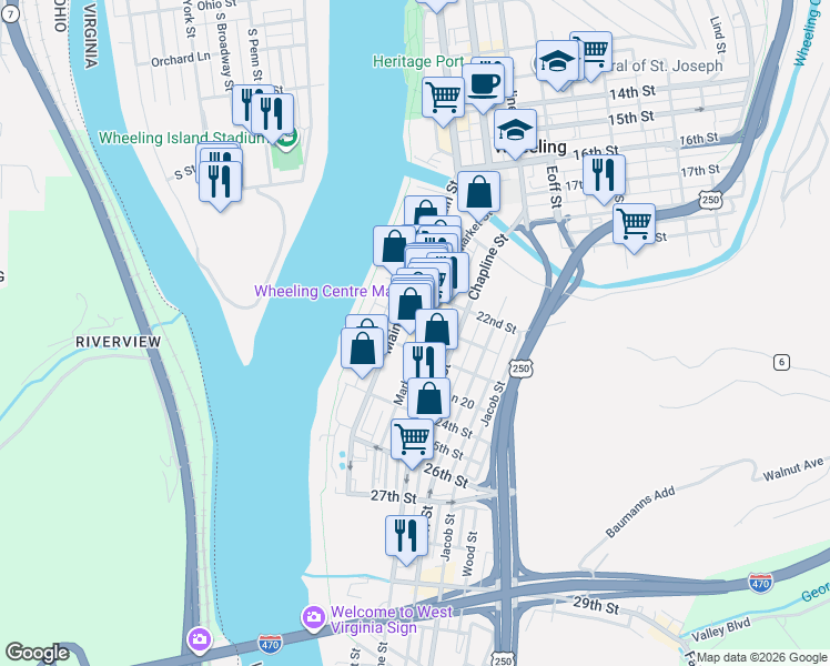 map of restaurants, bars, coffee shops, grocery stores, and more near 2258 Main Street in Wheeling