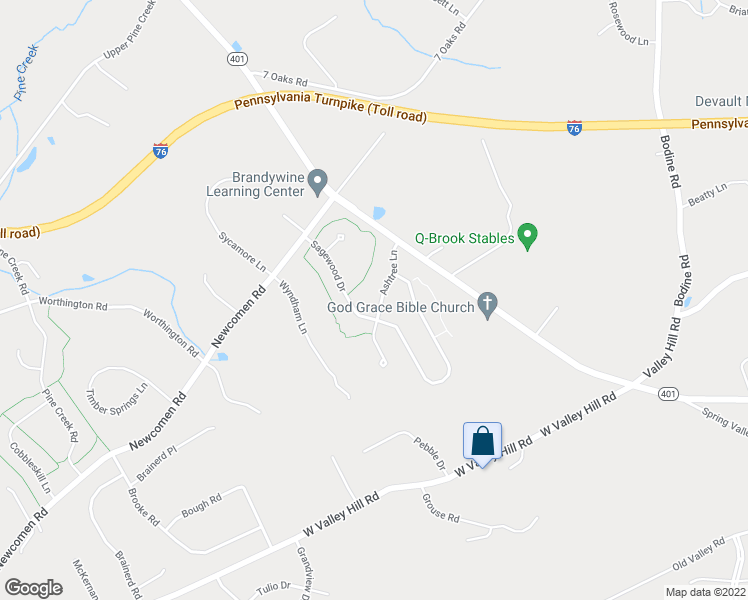 map of restaurants, bars, coffee shops, grocery stores, and more near 22 Ashtree Lane in Malvern