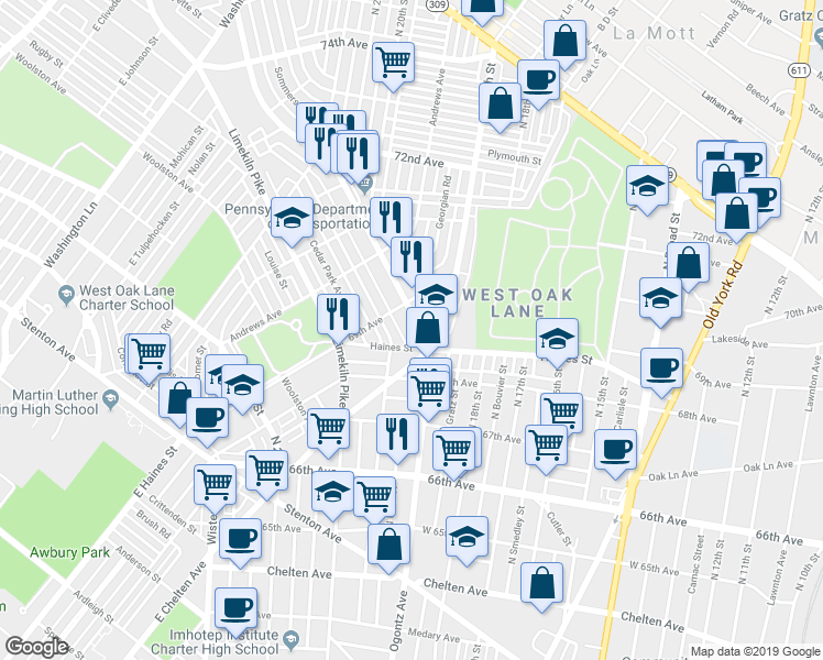 map of restaurants, bars, coffee shops, grocery stores, and more near 6836 Ogontz Avenue in Philadelphia