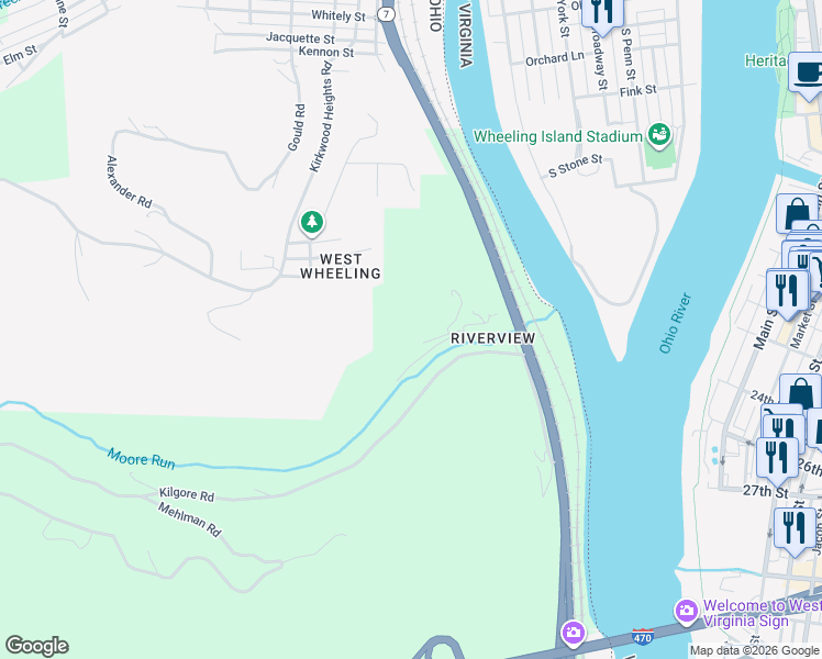 map of restaurants, bars, coffee shops, grocery stores, and more near 57659 Moores Run Road in Bellaire