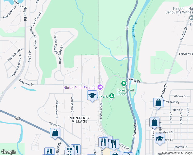 map of restaurants, bars, coffee shops, grocery stores, and more near 353 Beechwood Drive in Noblesville