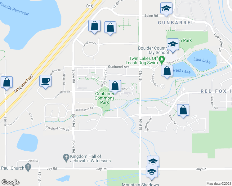 map of restaurants, bars, coffee shops, grocery stores, and more near 4652 Almond Lane in Boulder