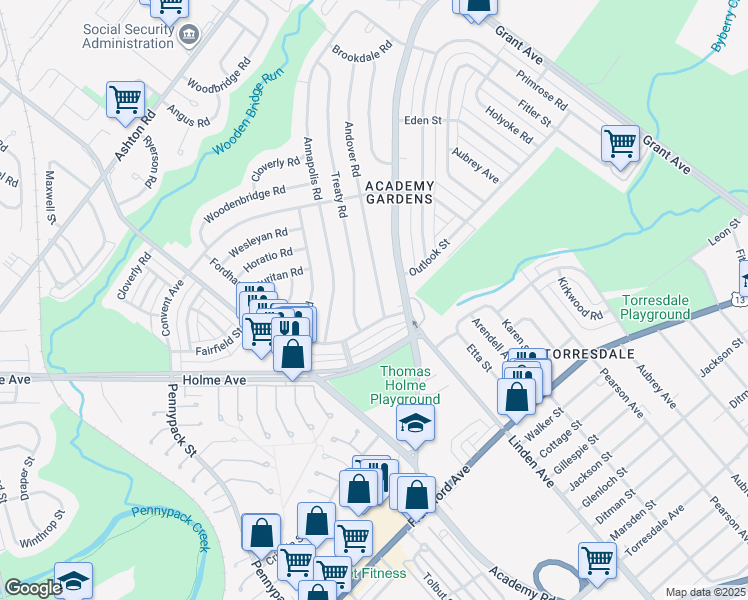 map of restaurants, bars, coffee shops, grocery stores, and more near 9204 Andover Rd in Philadelphia
