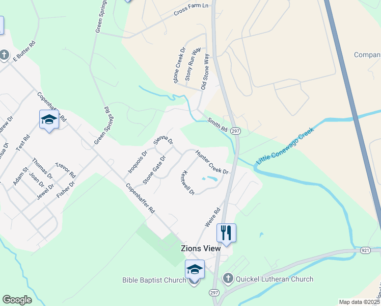 map of restaurants, bars, coffee shops, grocery stores, and more near 90 Hunter Creek Drive in York