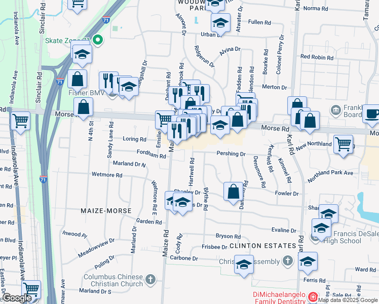 map of restaurants, bars, coffee shops, grocery stores, and more near 4549 Hartwell Road in Columbus