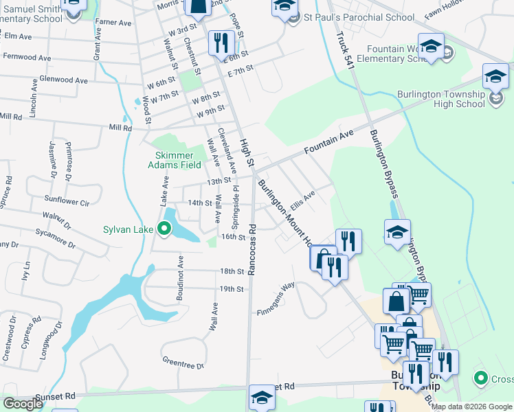 map of restaurants, bars, coffee shops, grocery stores, and more near 1309 Rancocas Road in Burlington
