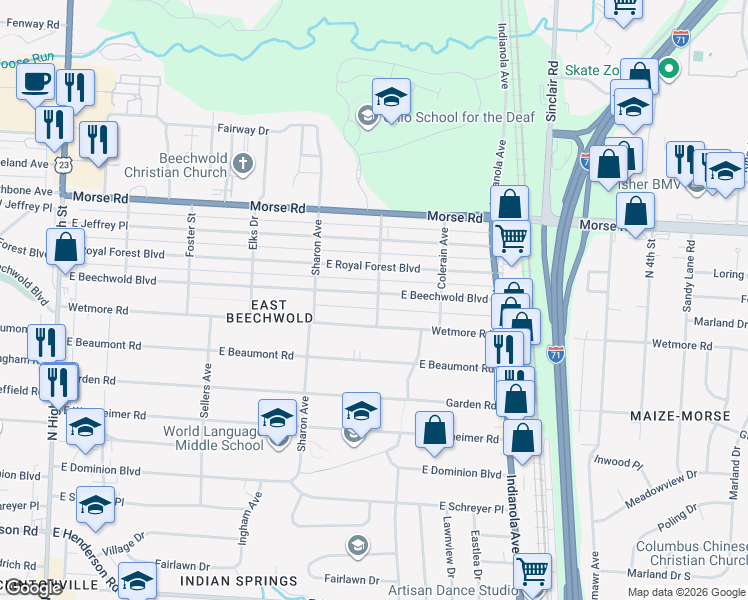 map of restaurants, bars, coffee shops, grocery stores, and more near 499 East Beechwold Boulevard in Columbus