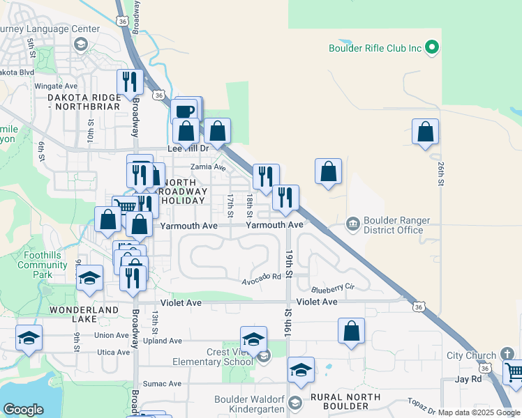map of restaurants, bars, coffee shops, grocery stores, and more near 1828 Yaupon Avenue in Boulder