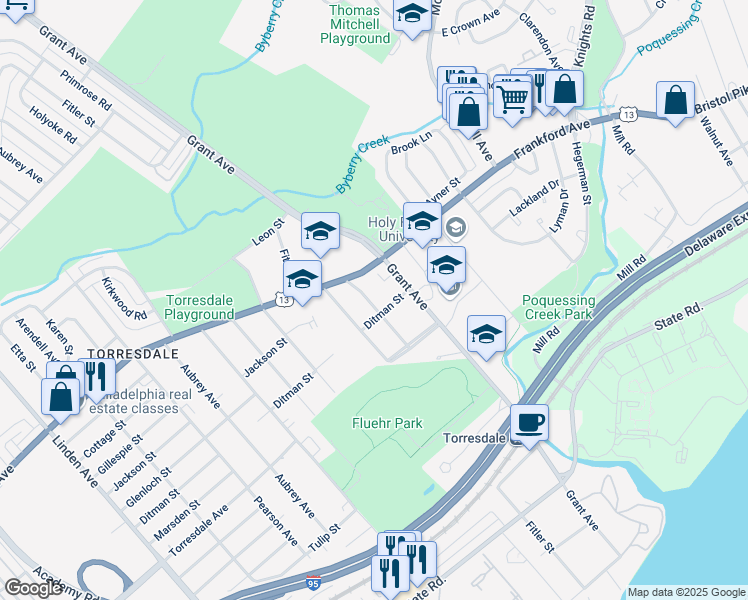 map of restaurants, bars, coffee shops, grocery stores, and more near 4525 Primrose Road in Philadelphia