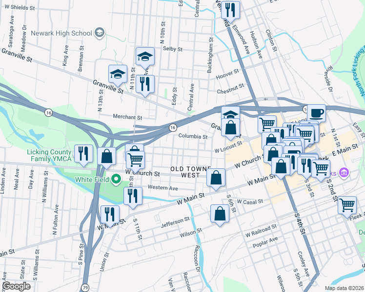 map of restaurants, bars, coffee shops, grocery stores, and more near 218 West Locust Street in Newark