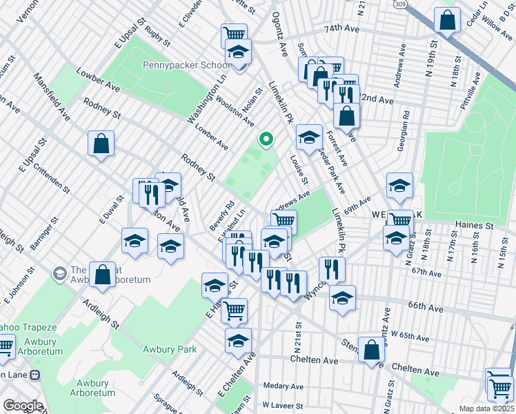 map of restaurants, bars, coffee shops, grocery stores, and more near 1603 Middleton Street in Philadelphia