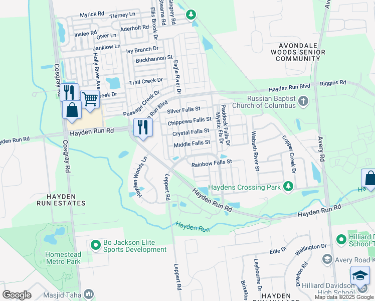 map of restaurants, bars, coffee shops, grocery stores, and more near 5271 Cross River Falls Boulevard in Dublin