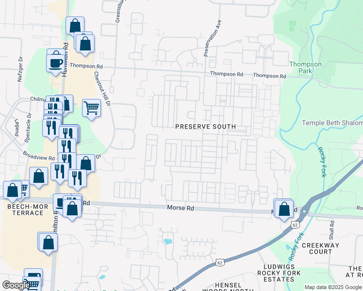 map of restaurants, bars, coffee shops, grocery stores, and more near Wood Stork Lane in Columbus