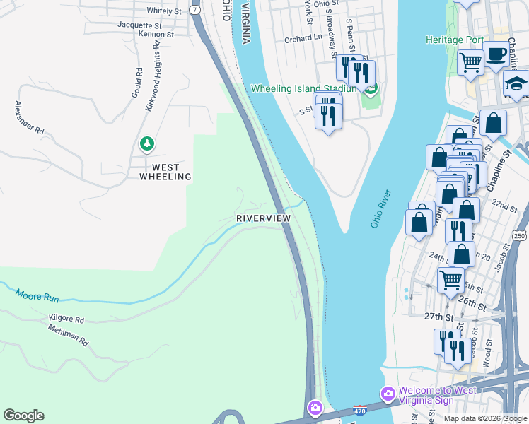 map of restaurants, bars, coffee shops, grocery stores, and more near 57885 Moores Run Road in Bellaire