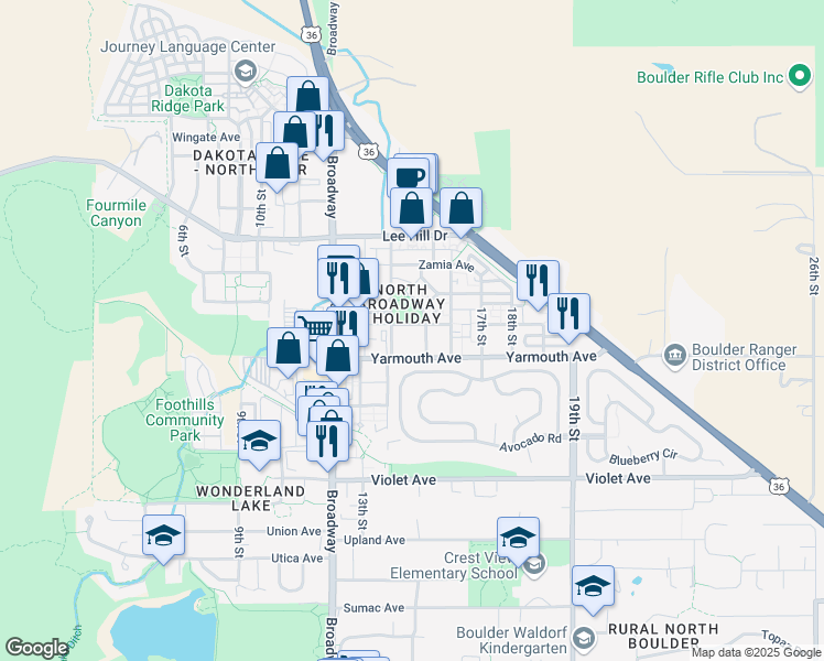 map of restaurants, bars, coffee shops, grocery stores, and more near 1494 Yaupon Avenue in Boulder
