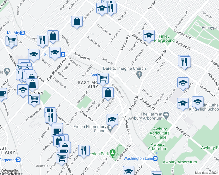map of restaurants, bars, coffee shops, grocery stores, and more near 500 Vernon Road in Philadelphia