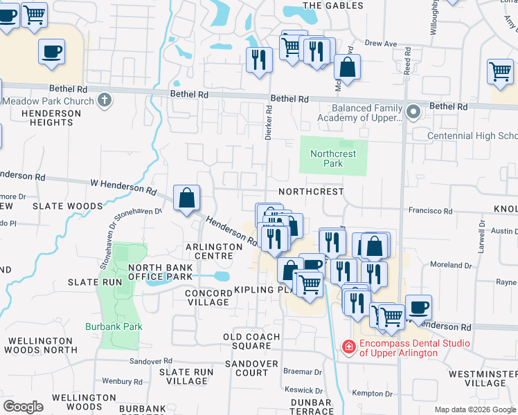 map of restaurants, bars, coffee shops, grocery stores, and more near 5039-5041 Dierker Road in Columbus