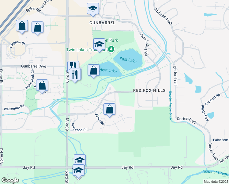 map of restaurants, bars, coffee shops, grocery stores, and more near Twin Lakes Road in Boulder