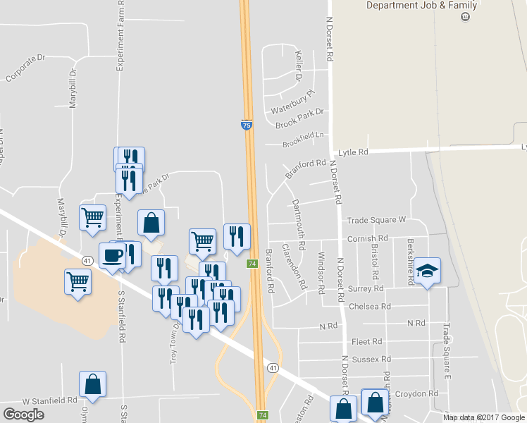 map of restaurants, bars, coffee shops, grocery stores, and more near 838 Branford Road in Troy