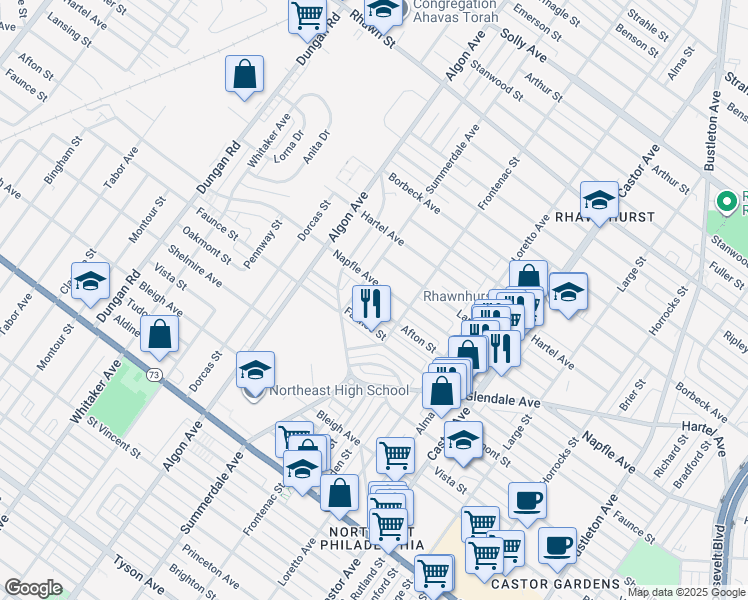 map of restaurants, bars, coffee shops, grocery stores, and more near 1713 Afton Street in Philadelphia