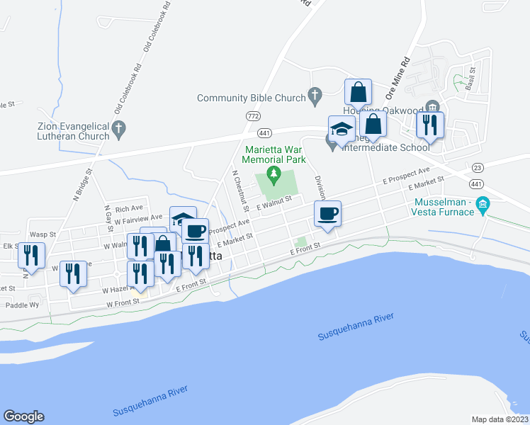 map of restaurants, bars, coffee shops, grocery stores, and more near 327 East Walnut Street in Marietta