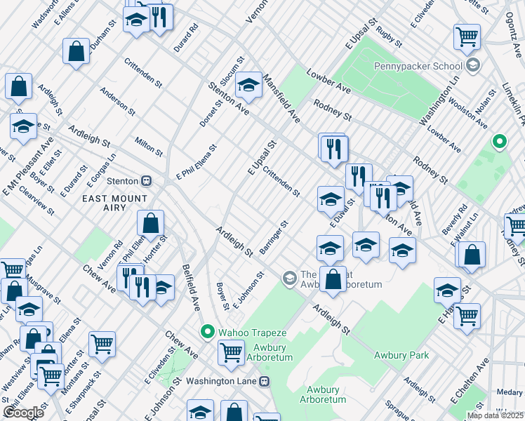 map of restaurants, bars, coffee shops, grocery stores, and more near 1202 East Cardeza Street in Philadelphia
