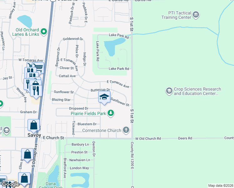 map of restaurants, bars, coffee shops, grocery stores, and more near 609 Buttercup Drive in Savoy