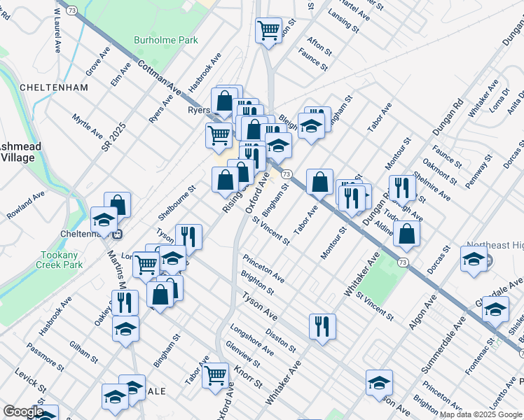 map of restaurants, bars, coffee shops, grocery stores, and more near 7212 Bingham St in Philadelphia