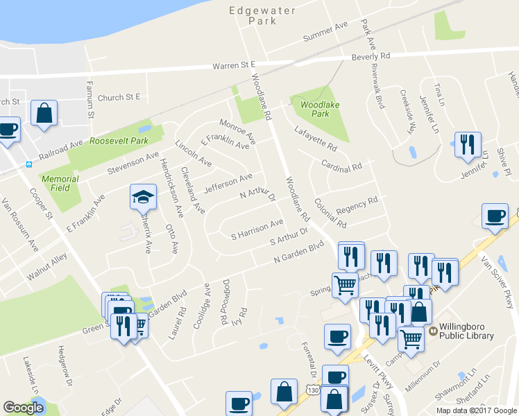 map of restaurants, bars, coffee shops, grocery stores, and more near 207 North Harrison Avenue in Edgewater Park