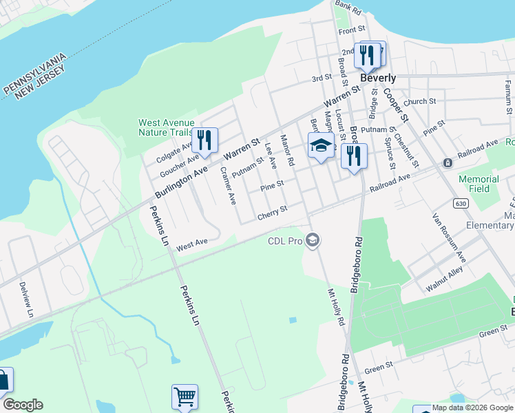 map of restaurants, bars, coffee shops, grocery stores, and more near 611 Wheatley Avenue in Beverly