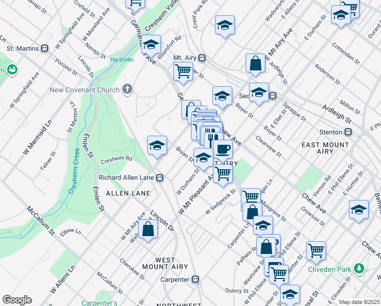 map of restaurants, bars, coffee shops, grocery stores, and more near 49 West Mount Airy Avenue in Philadelphia