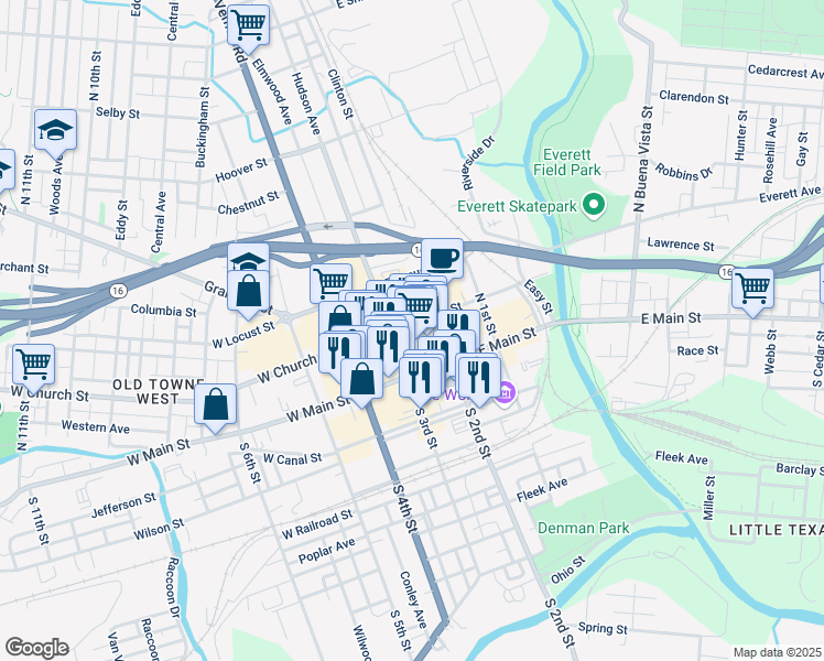 map of restaurants, bars, coffee shops, grocery stores, and more near 15 East Church Street in Newark