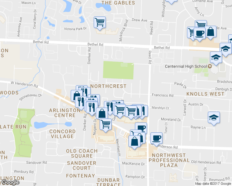 map of restaurants, bars, coffee shops, grocery stores, and more near 5020 New Haven Drive in Columbus