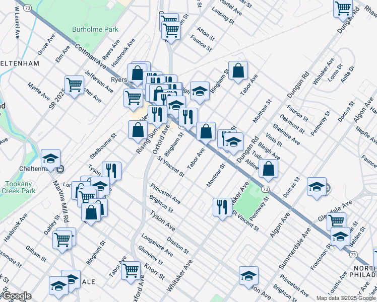 map of restaurants, bars, coffee shops, grocery stores, and more near 7241 Lawndale Avenue in Philadelphia