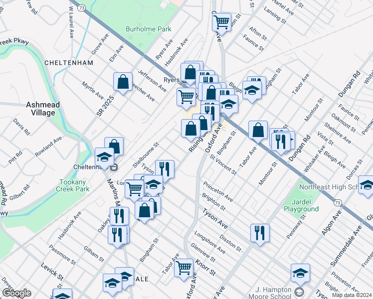 map of restaurants, bars, coffee shops, grocery stores, and more near 7120 Rising Sun Avenue in Philadelphia