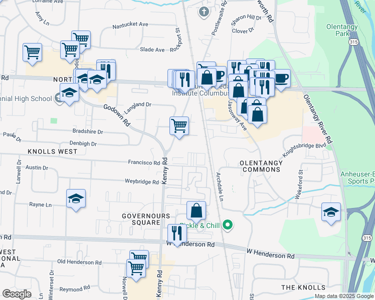 map of restaurants, bars, coffee shops, grocery stores, and more near 4650 Kenny Road in Columbus