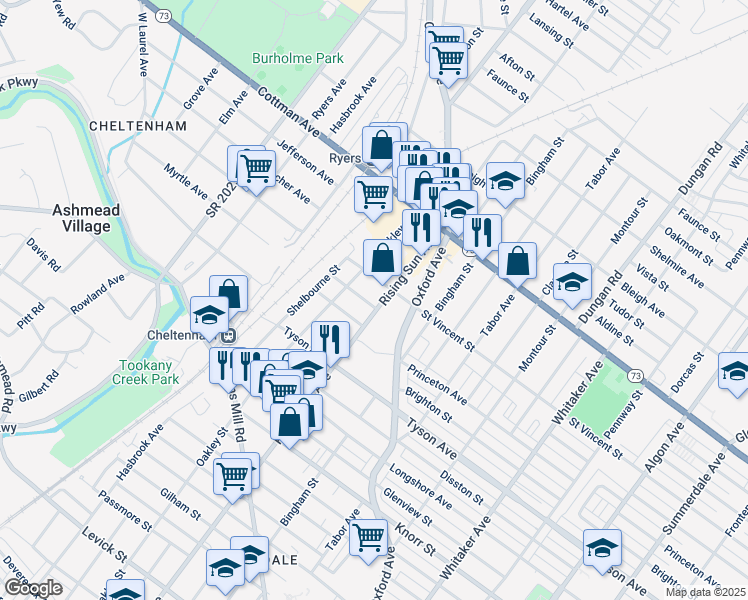 map of restaurants, bars, coffee shops, grocery stores, and more near 7120 Rising Sun Avenue in Philadelphia