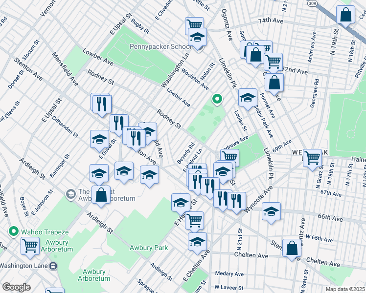 map of restaurants, bars, coffee shops, grocery stores, and more near 1540 East Pastorius Street in Philadelphia