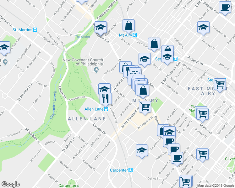 map of restaurants, bars, coffee shops, grocery stores, and more near 7234 Bryan Street in Philadelphia